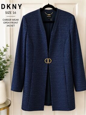 DKNY Navy Blue Tweed Open Front Career Topper Jacket - Size 16